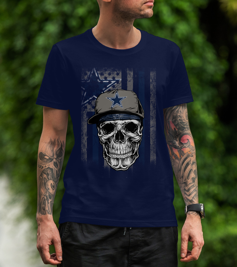 Dallas Cowboys Skull With Star Cap And Grunge Flag T-Shirt