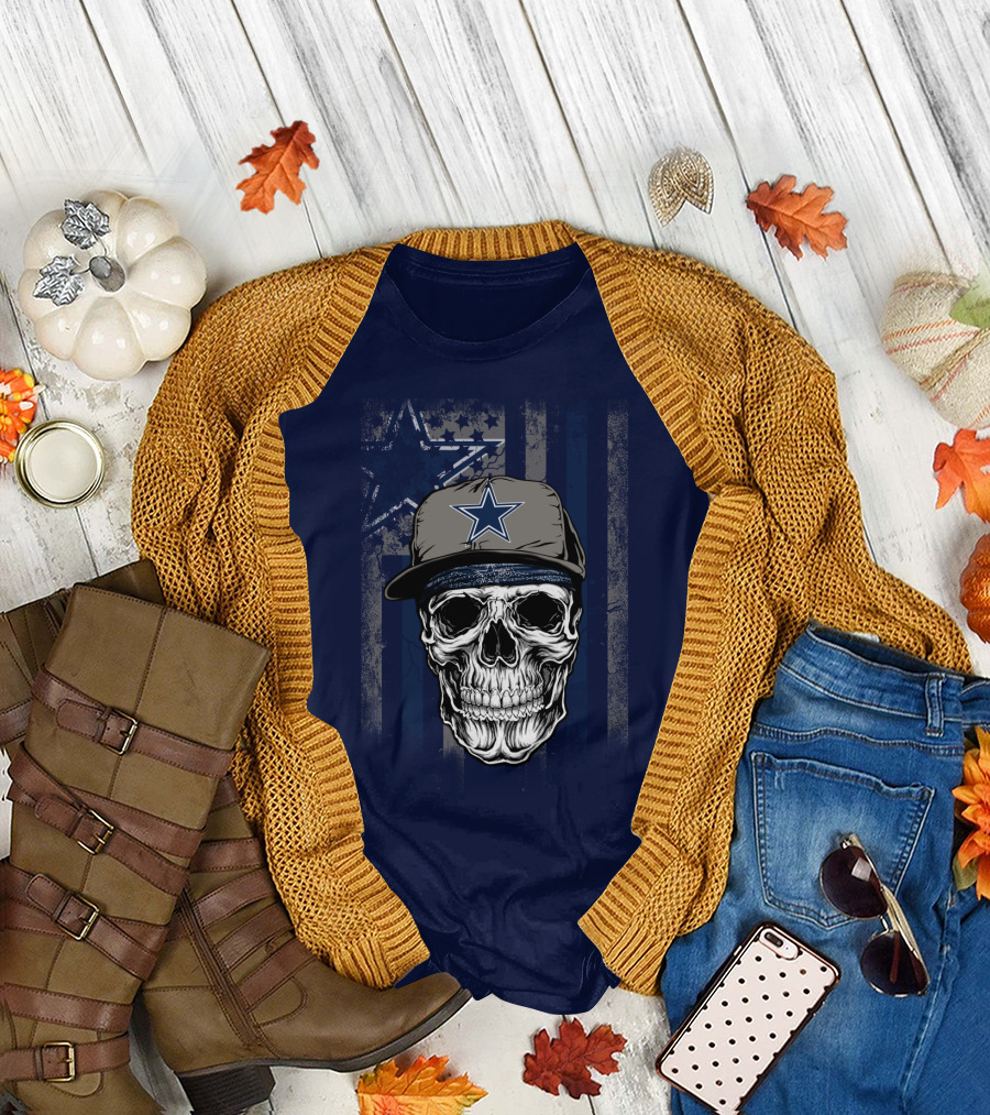 Dallas Cowboys Skull With Star Cap And Grunge Flag T-Shirt
