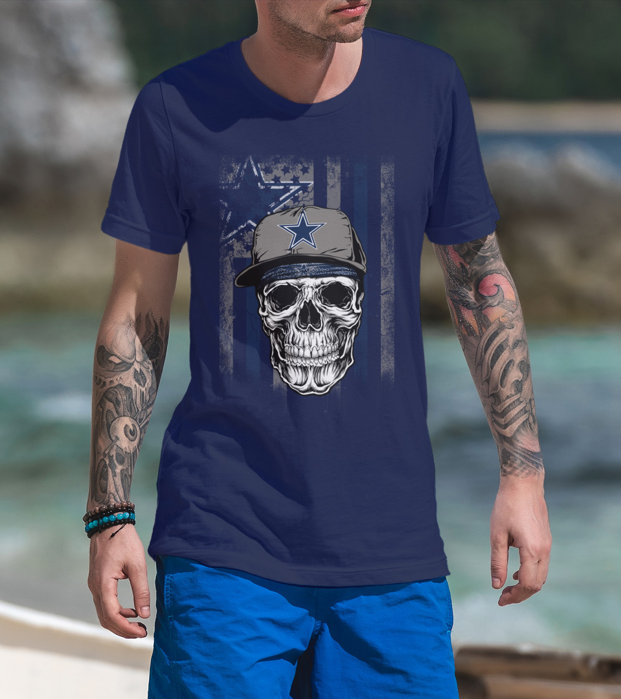Dallas Cowboys Skull With Star Cap And Grunge Flag T-Shirt