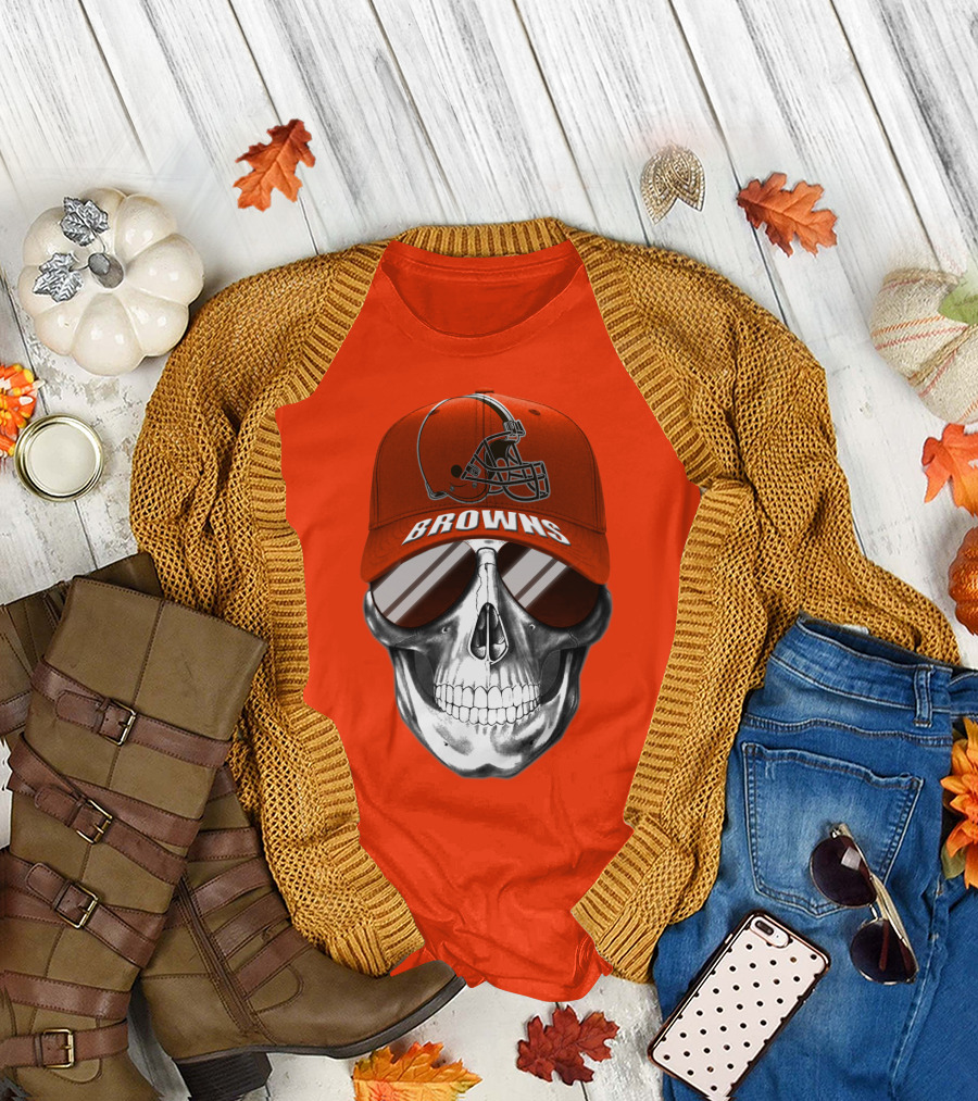 Cleveland Browns Skull Hat With Football Helmet Icon On Bright Orange T-Shirt