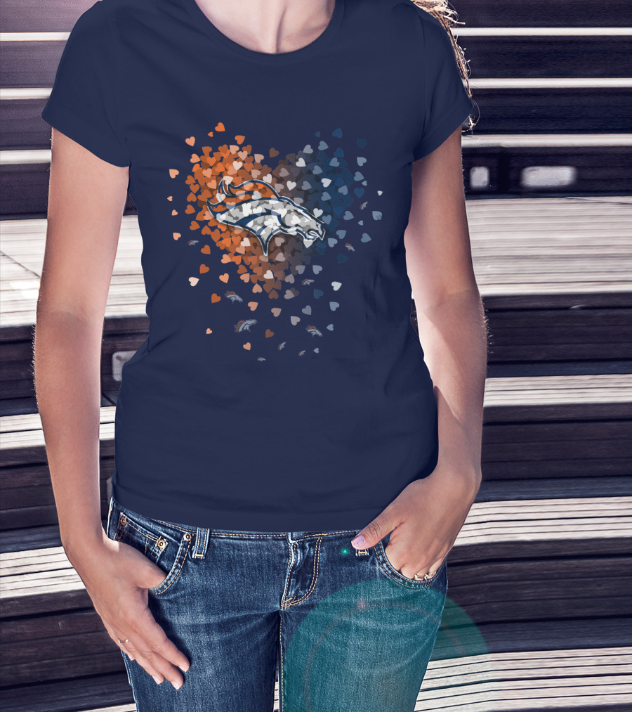 Denver Broncos Heart Logo With Orange And Blue Hearts T-Shirt