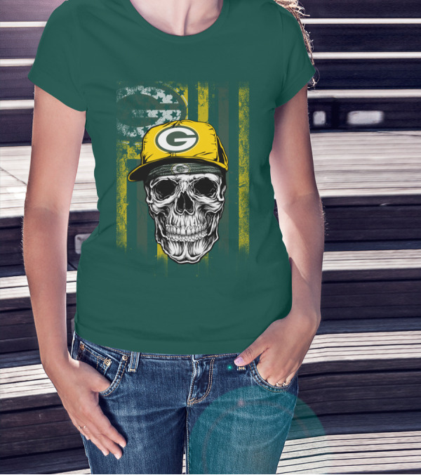 Green Bay Packers Skull With Cap And Distressed Flag T-Shirt
