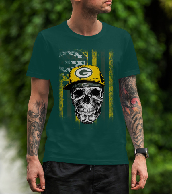 Green Bay Packers Skull With Cap And Distressed Flag T-Shirt