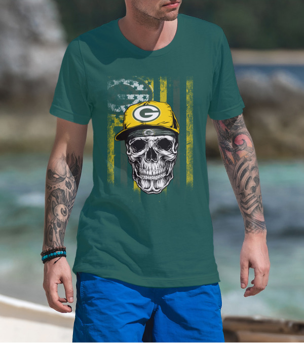 Green Bay Packers Skull With Cap And Distressed Flag T-Shirt