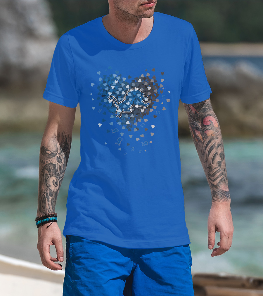 Detroit Lions Heart Shape Blue And White Logo With Hearts T-Shirt