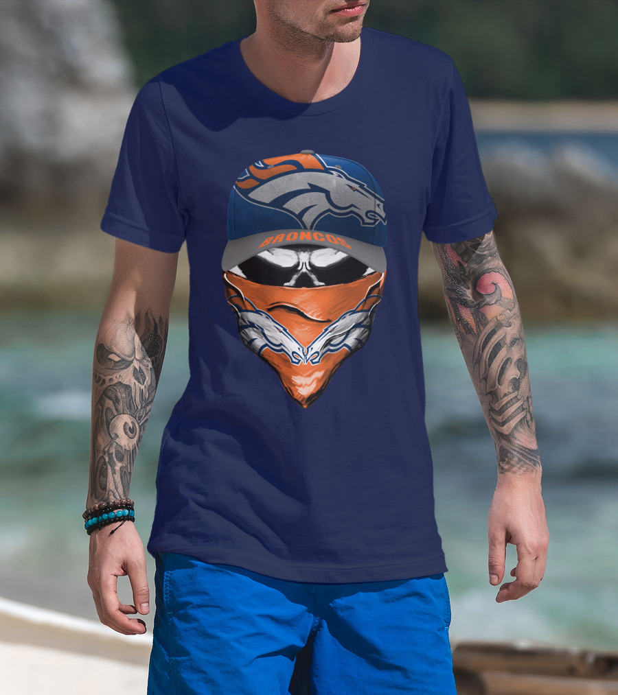 Denver Broncos Football Fan Skull Bandana Hat T-Shirt
