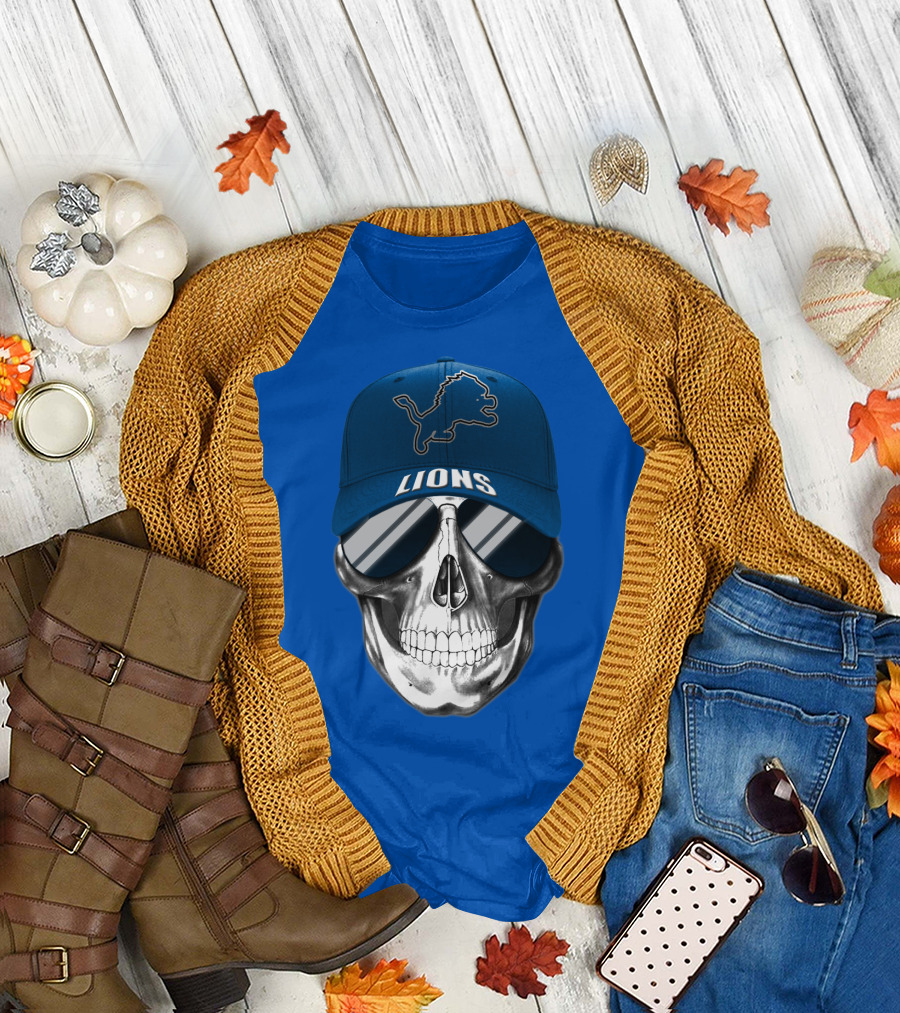 Detroit Lions Skull With Blue Cap And Sunglasses T-Shirt