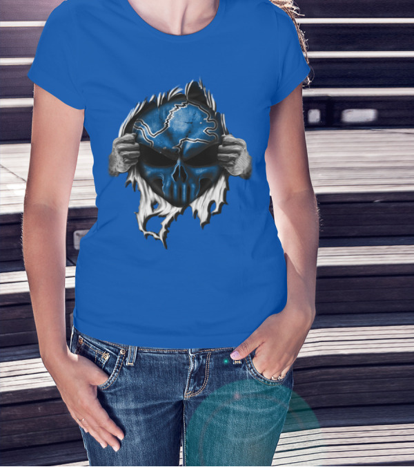 Detroit Lions Skull Design Blue Ripped Background T-Shirt