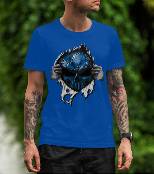Detroit Lions Skull Design Blue Ripped Background T-Shirt