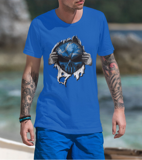 Detroit Lions Skull Design Blue Ripped Background T-Shirt
