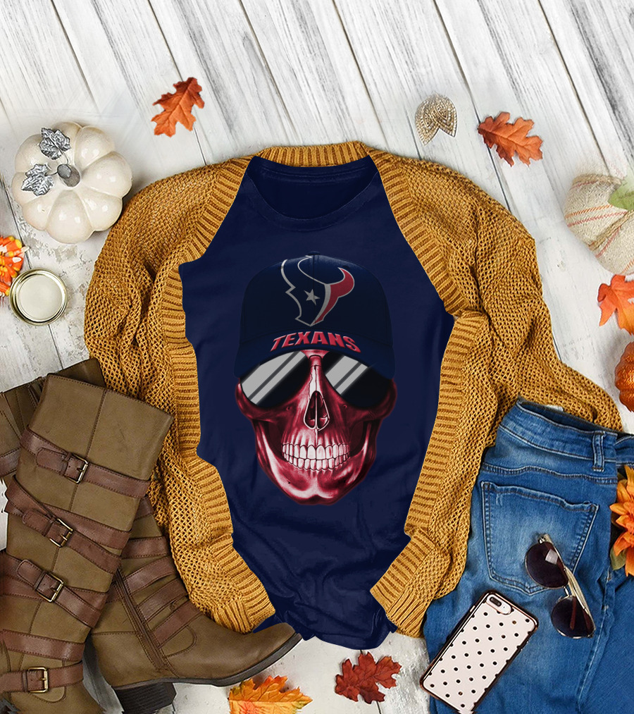 Houston Texans Skull With Cap And Sunglasses T-Shirt