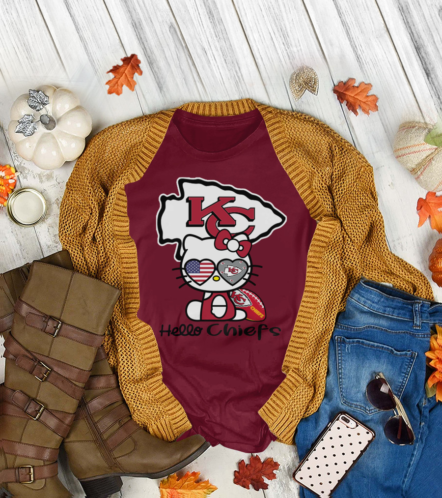 Hello Chiefs Kc Hello Kitty Heart Football American Flag T-Shirt