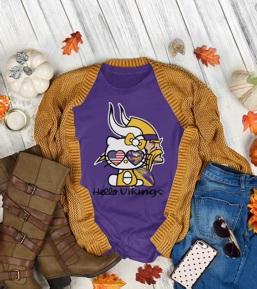 Hello Vikings Minnesota Vikings Fan Art Purple Football Kitty T-Shirt