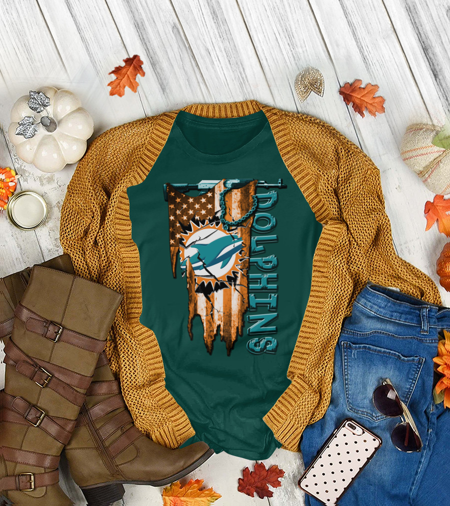 Miami Dolphins Flag And Logo Style With Stars And Stripes T-Shirt
