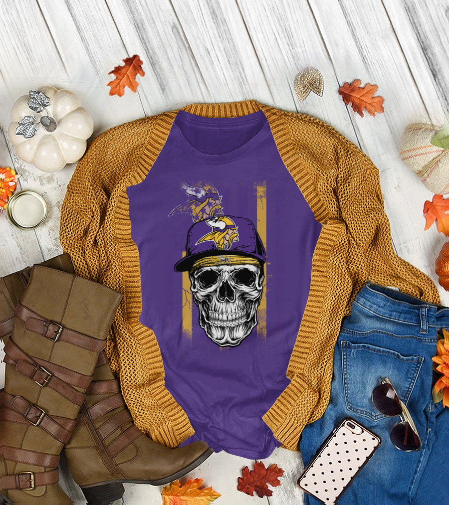 Minnesota Vikings Skull With Cap And Logo On Purple T-Shirt