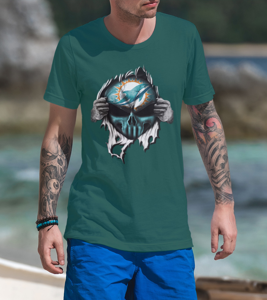 Miami Dolphins Skull Logo Peeling Effect T-Shirt