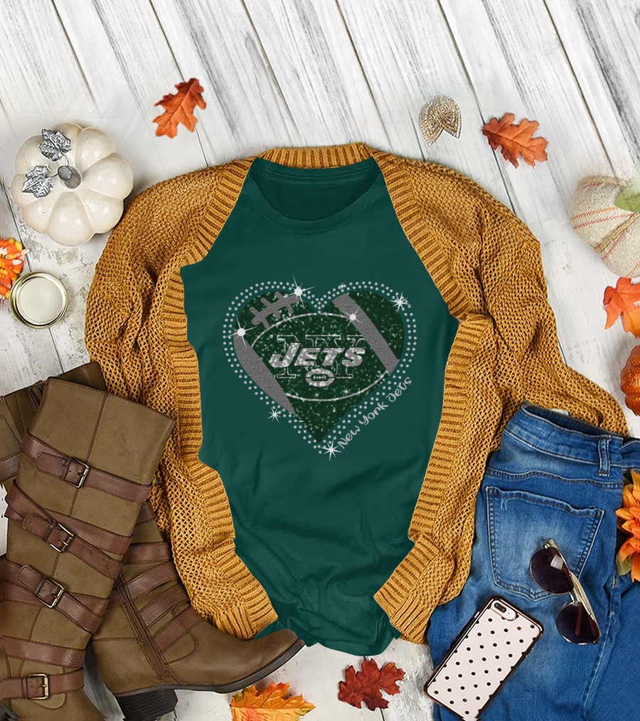New York Jets Heart Football Sparkle T-Shirt