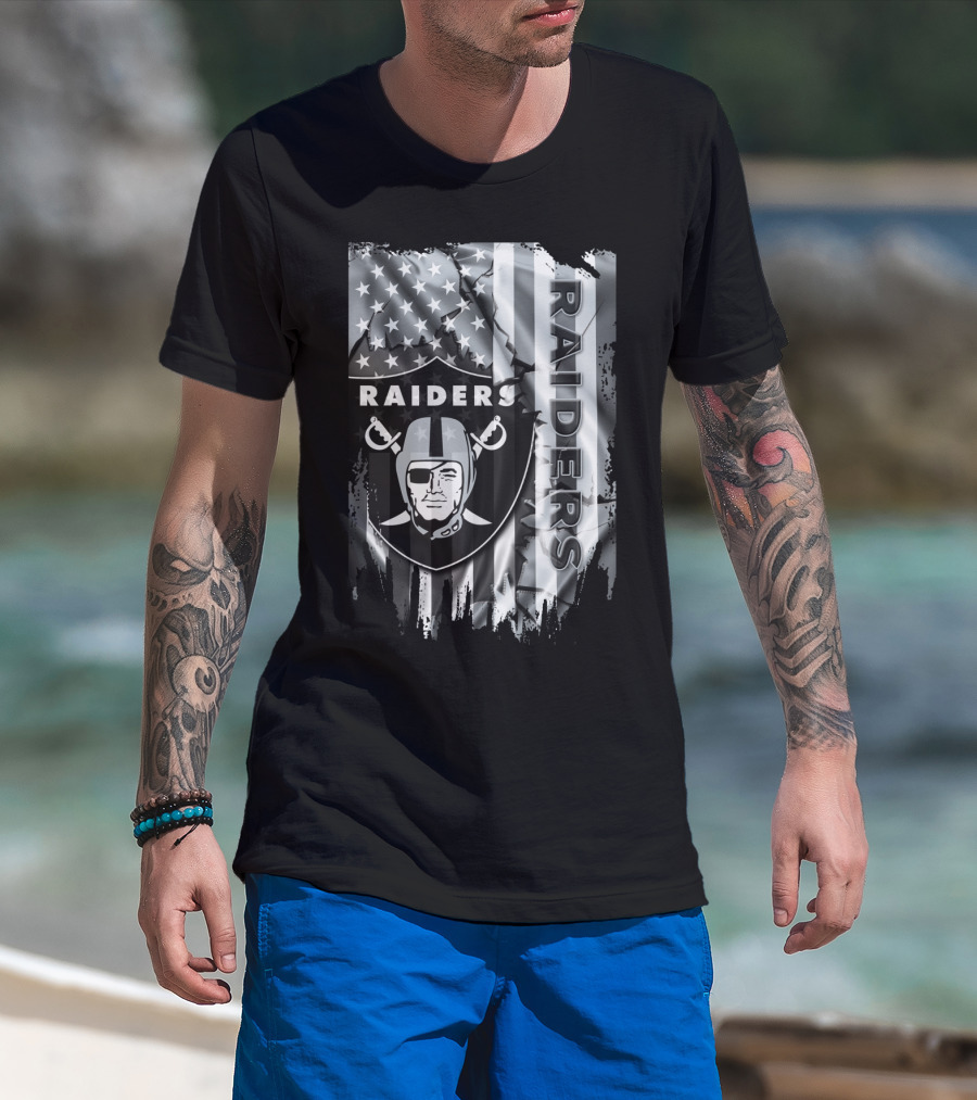 Raiders Nfl Logo With Black And White American Flag T-Shirt