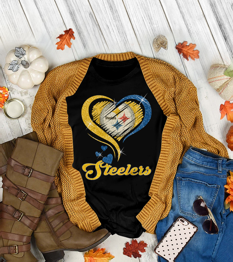 Pittsburgh Steelers Heart And Stars Glitter T-Shirt