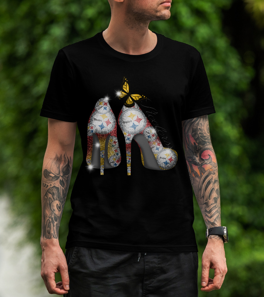 Steelers Pittsburgh High Heels With Yellow Butterfly Sparkle T-Shirt