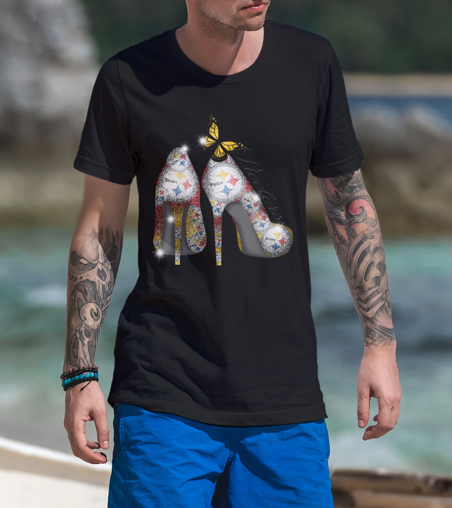 Steelers Pittsburgh High Heels With Yellow Butterfly Sparkle T-Shirt