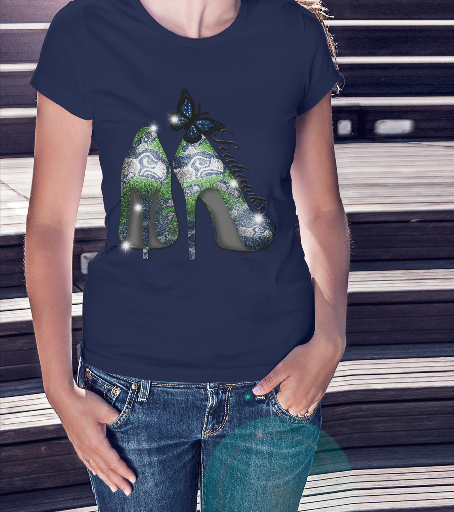 Seattle Seahawks High Heels Butterfly Sparkle T-Shirt