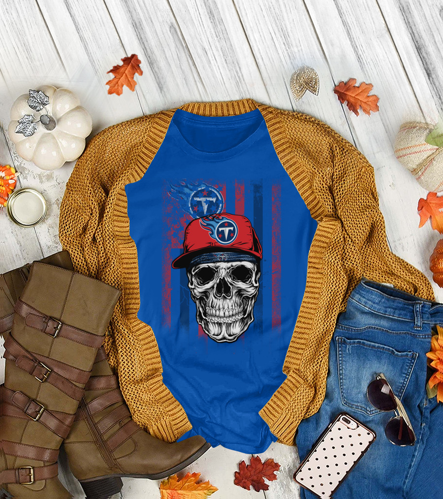 Tennessee Titans Skull With Cap Logo And Stripes T-Shirt