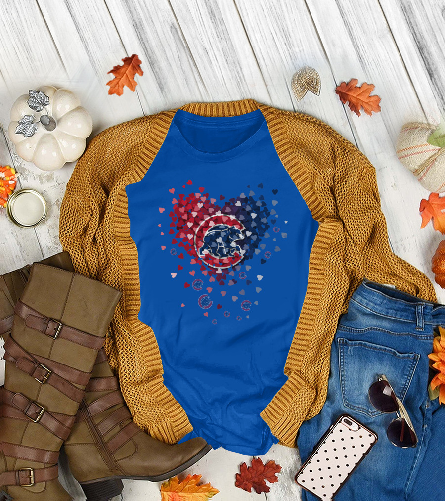 Chicago Cubs Heart Pattern With Bear Logo And Hearts In Red White And Blue T-Shirt