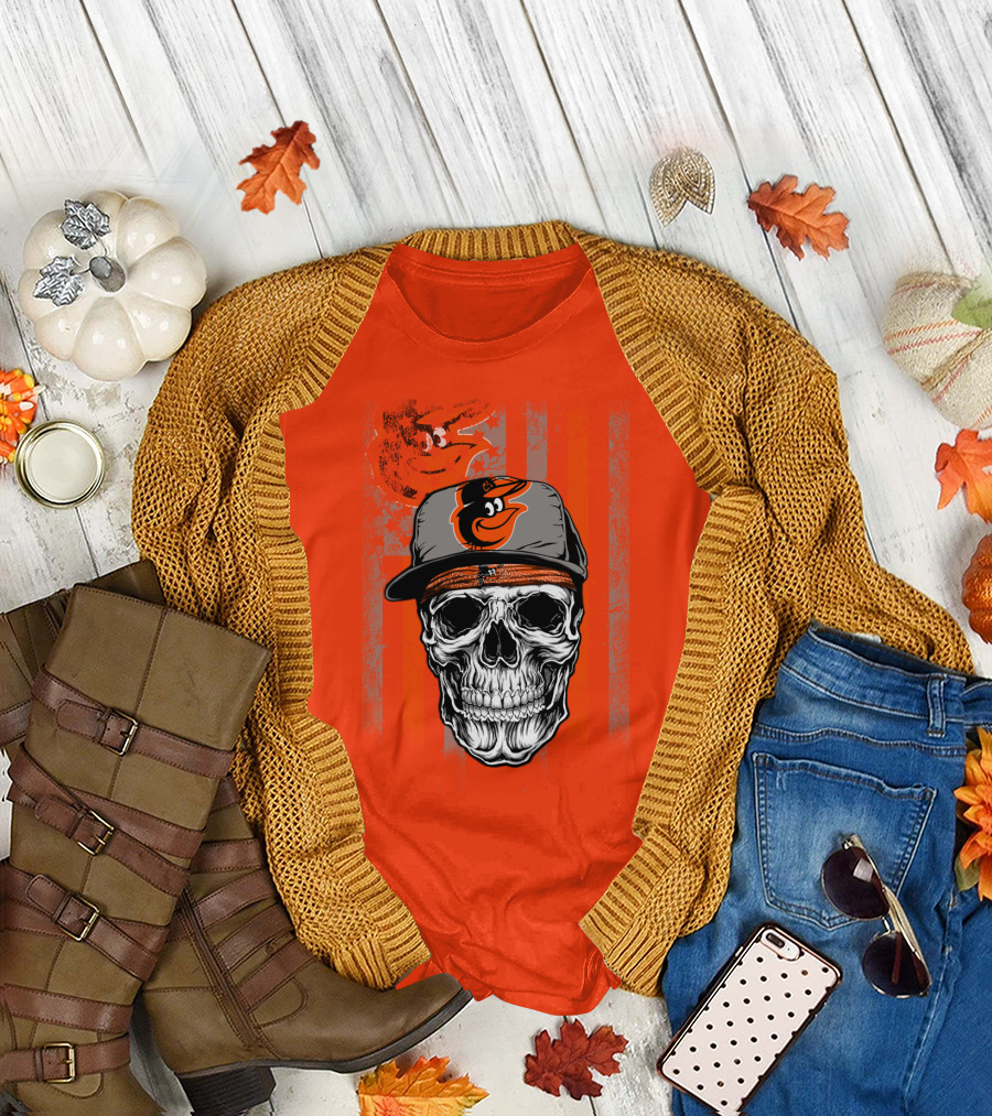 Baltimore Orioles Skull With Cap On Orange T-Shirt