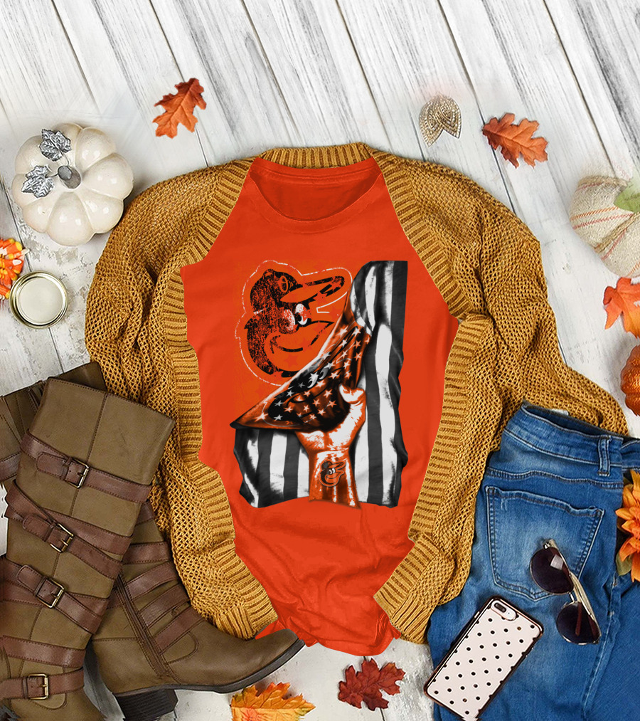 Baltimore Orioles American Flag Fist Logo On Orange T-Shirt