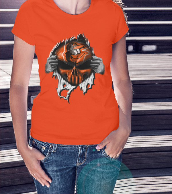 Baltimore Orioles Skull Logo Halloween Rip Effect T-Shirt