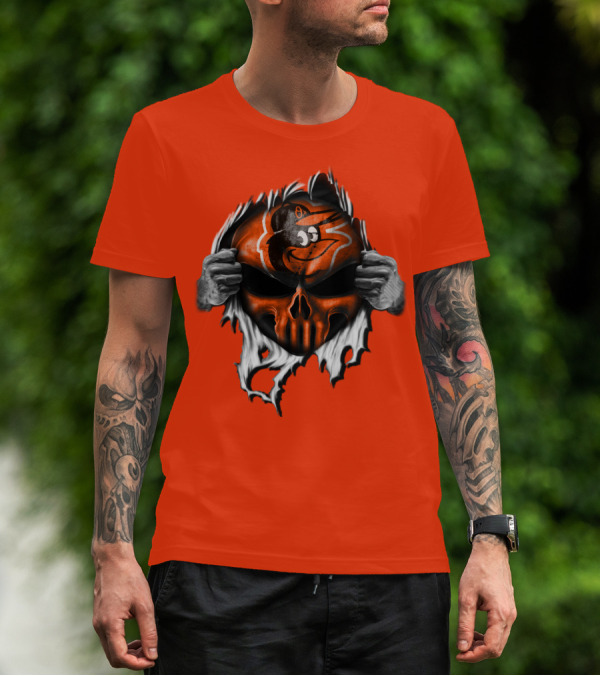 Baltimore Orioles Skull Logo Halloween Rip Effect T-Shirt