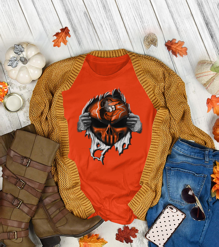 Baltimore Orioles Skull Logo Halloween Rip Effect T-Shirt