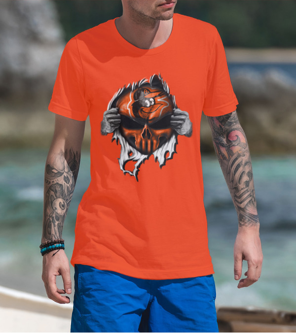 Baltimore Orioles Skull Logo Halloween Rip Effect T-Shirt
