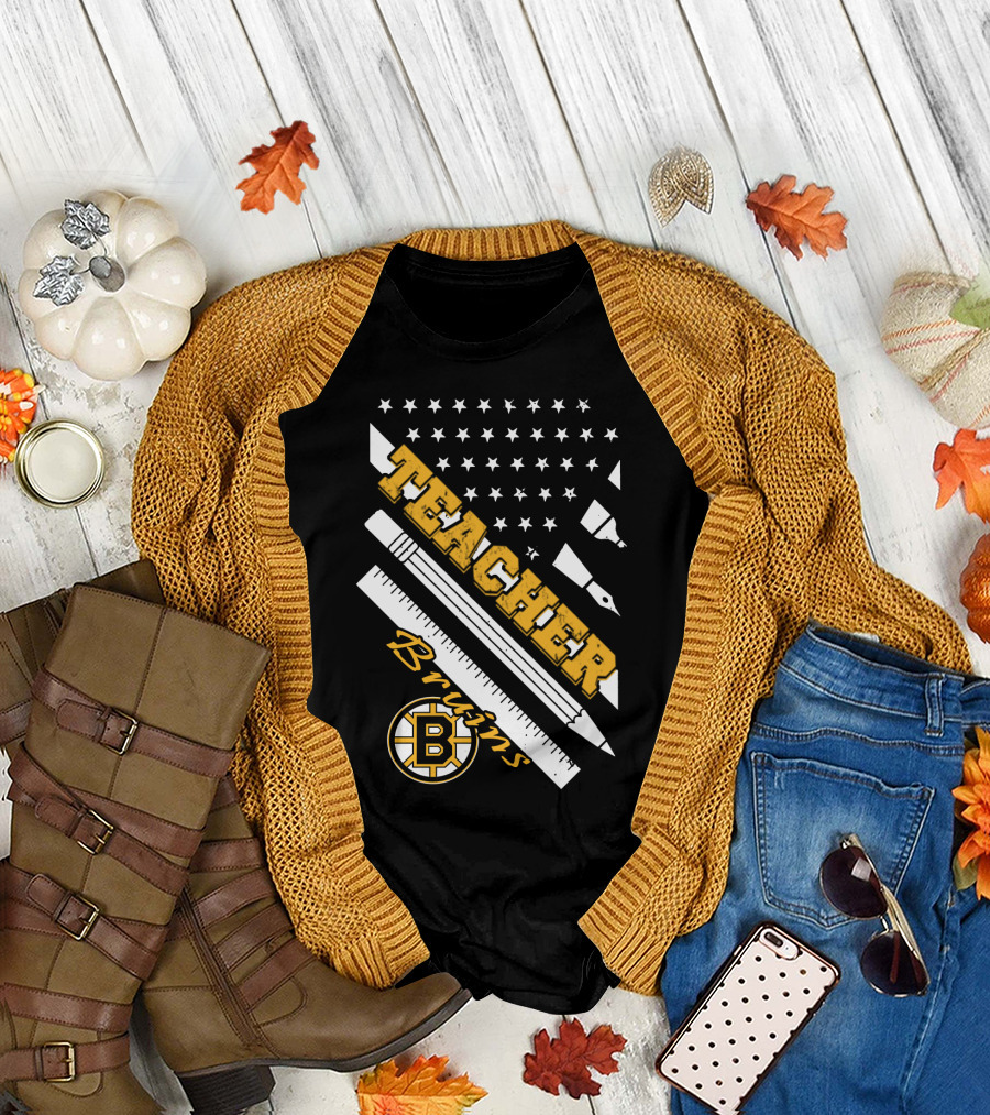 Boston Bruins Teacher American Flag Ruler Pencil Pen Stars T-Shirt