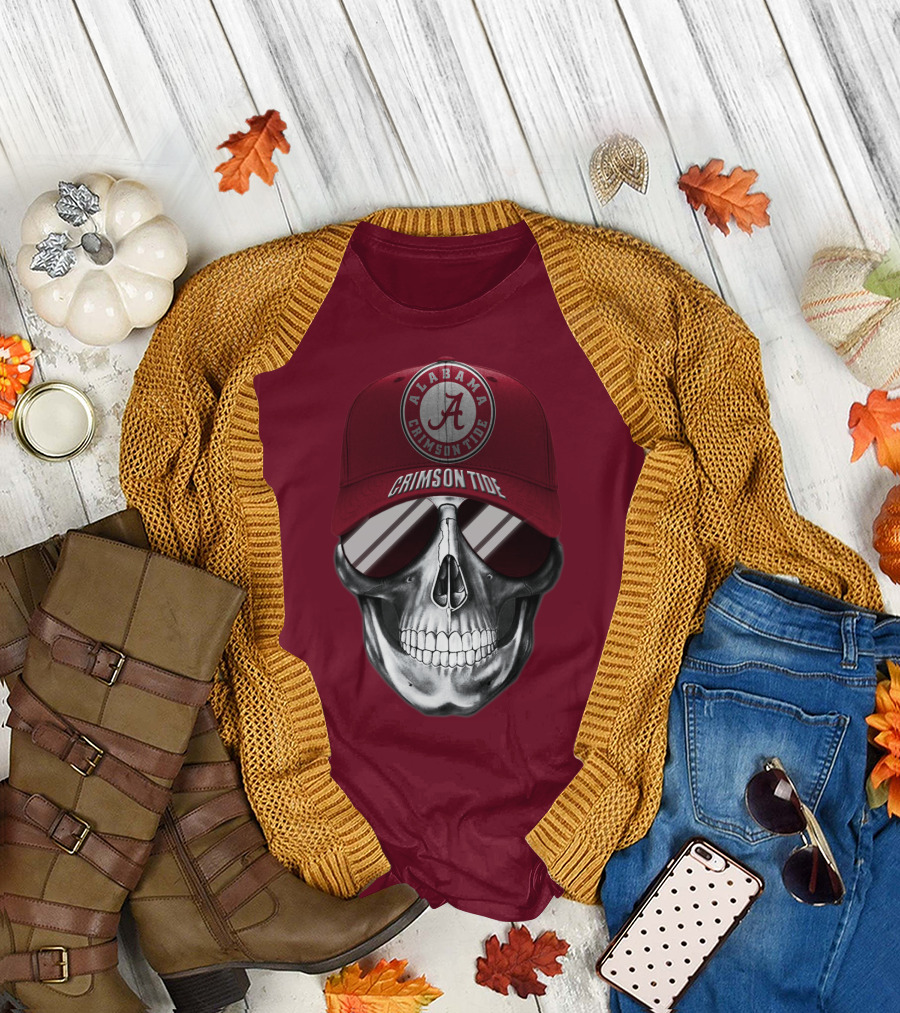 Alabama Crimson Tide Skull With Cap And Sunglasses T-Shirt