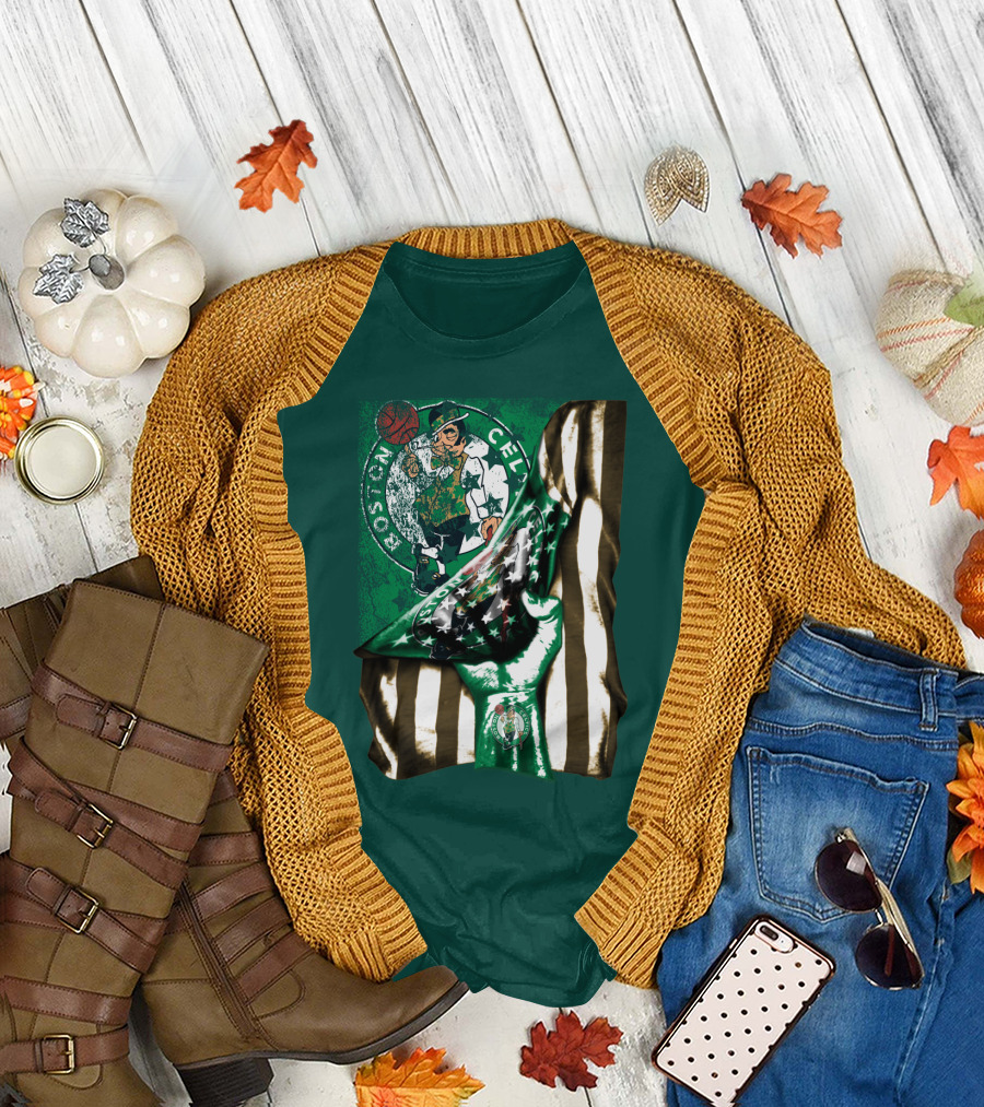 Boston Celtics Hand Lifting Flag With Lucky The Leprechaun And Basketball T-Shirt