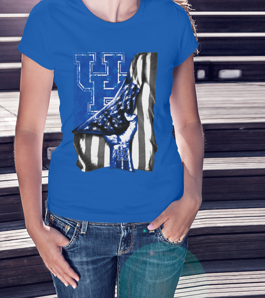Kentucky Wildcats U.s. Flag Blue And White Logo Fusion T-Shirt