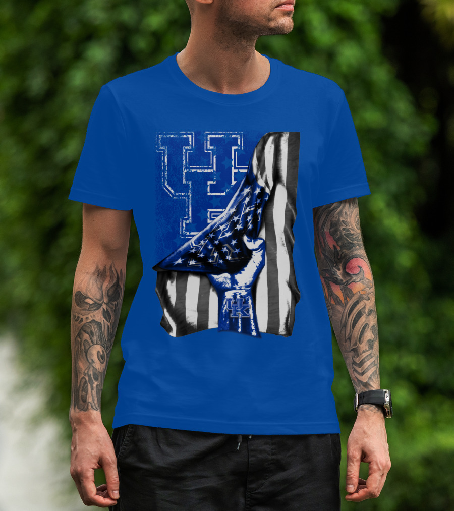 Kentucky Wildcats U.s. Flag Blue And White Logo Fusion T-Shirt