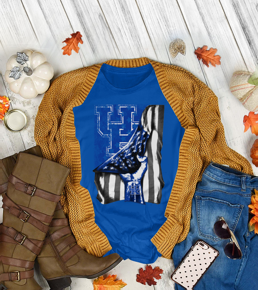 Kentucky Wildcats U.s. Flag Blue And White Logo Fusion T-Shirt