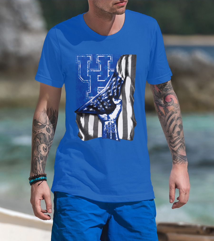 Kentucky Wildcats U.s. Flag Blue And White Logo Fusion T-Shirt