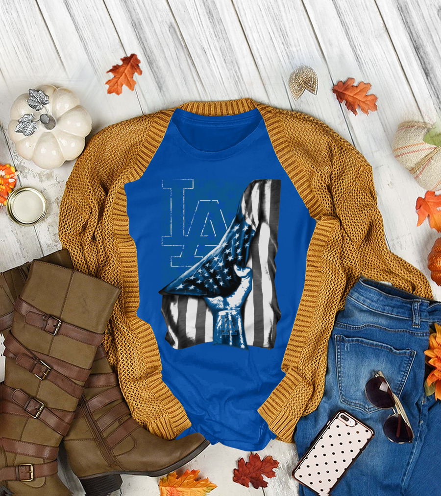 Los Angeles Dodgers La Logo American Flag Fist T-Shirt