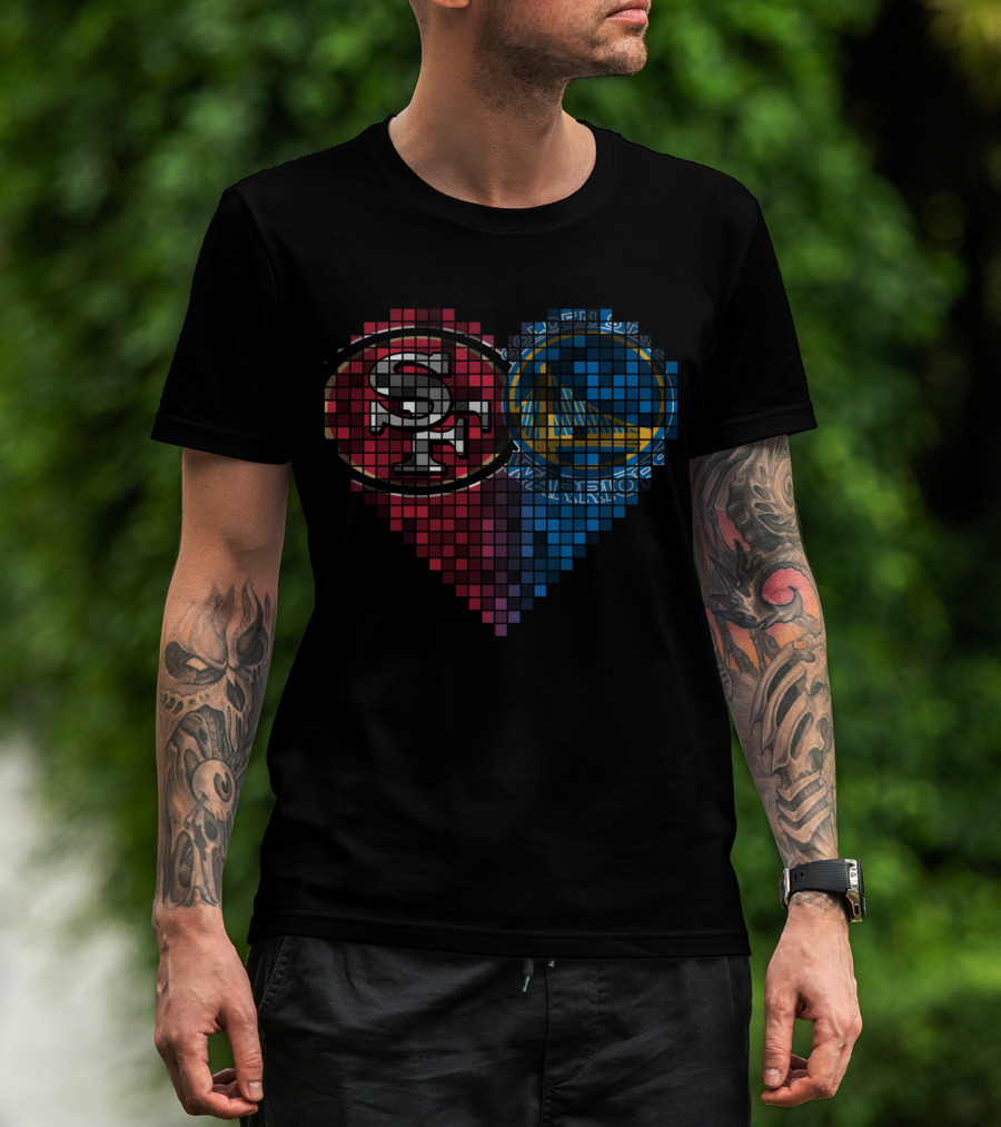 San Francisco 49ers And Golden State Warriors Heart Pixel Mosaic T-Shirt
