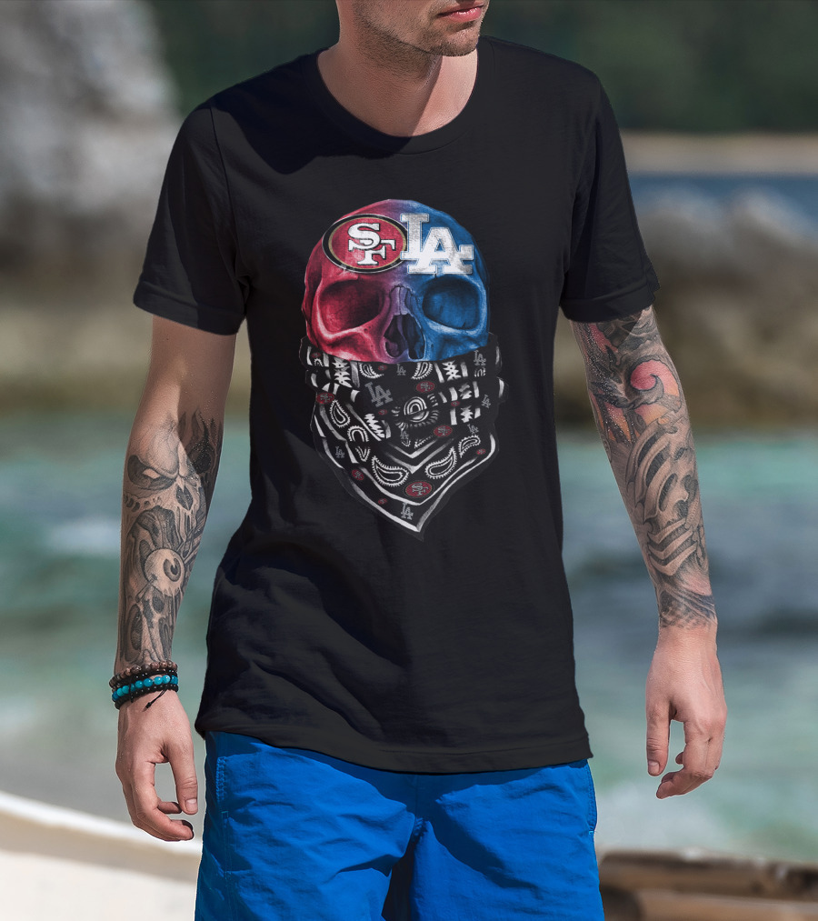 Sf 49ers La Dodgers Split Skull Bandana T-Shirt