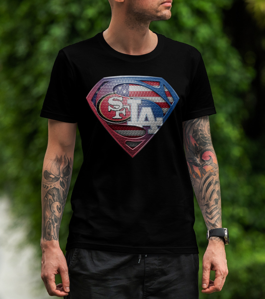 San Francisco 49ers Los Angeles Dodgers American Flag Superman T-Shirt