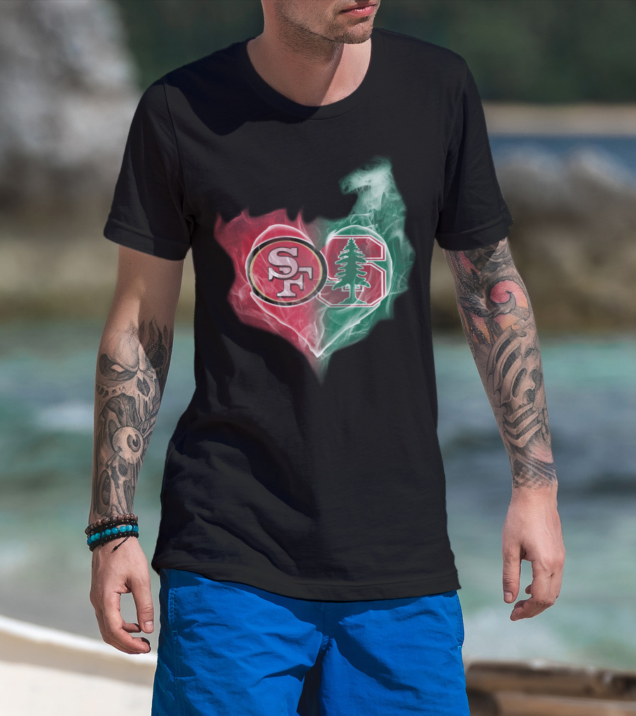 San Francisco 49ers And Stanford Cardinal Heart-Shaped Smoke Logos T-Shirt