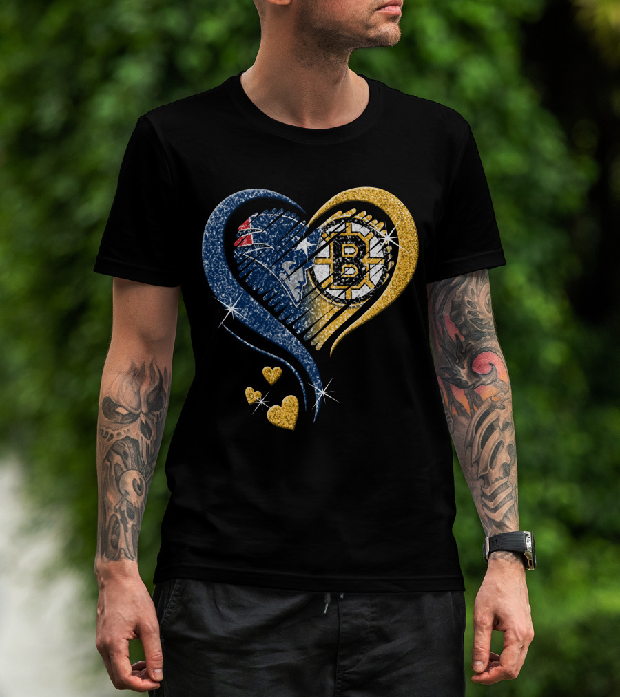 New England Patriots Boston Bruins Heart Design T-Shirt