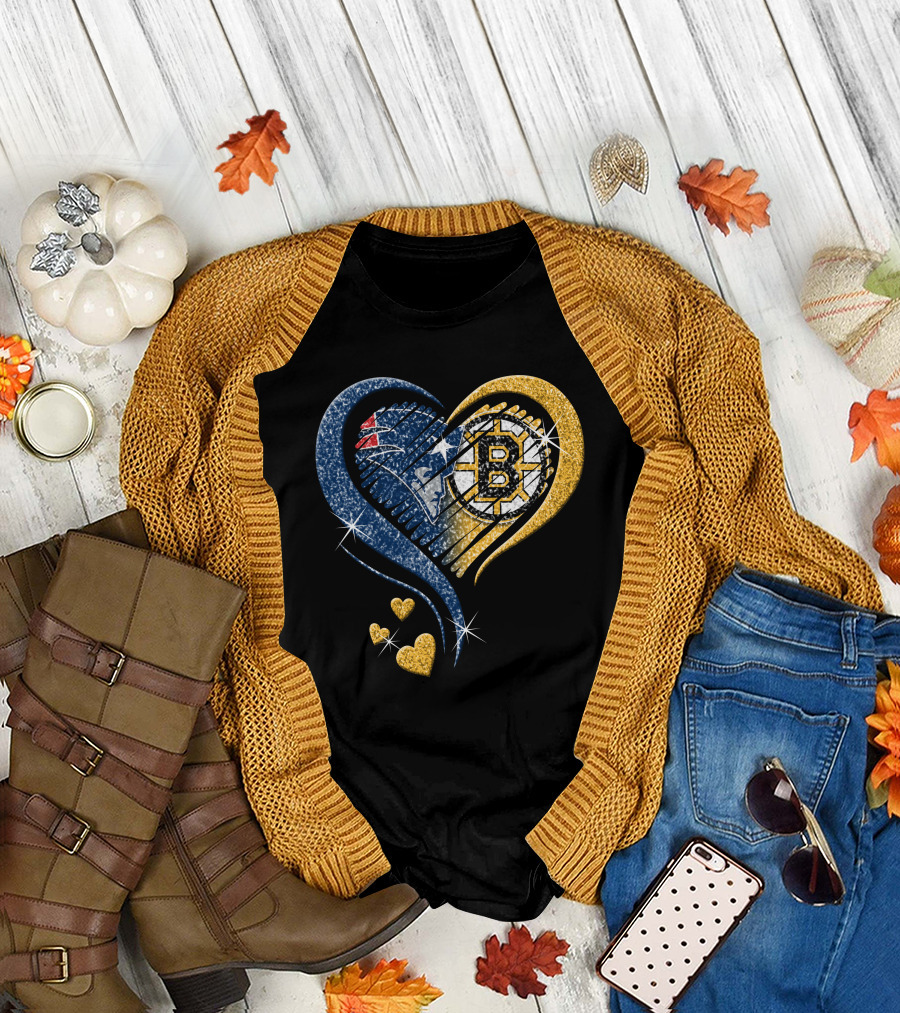 New England Patriots Boston Bruins Heart Design T-Shirt