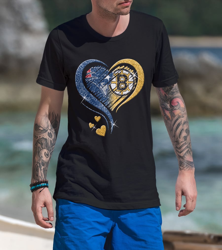 New England Patriots Boston Bruins Heart Design T-Shirt