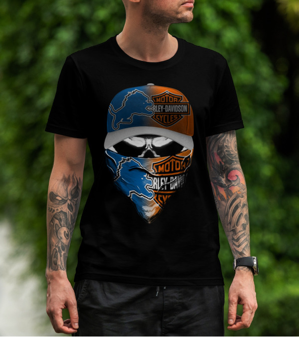 Detroit Lions Harley Davidson Motorcycles Skull Mask T-Shirt
